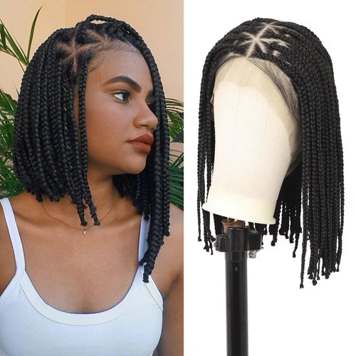 Lexqui 14" 360° HD Full Lace Braided Wigs for Women Short Triangle Knotless Braided Wig Box Braid Wig Human Hair Blended Bob Braided Lace Front Wigs with Baby Hair Free Parting Black
