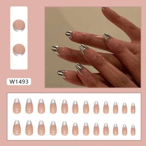 Tyuimhx Silver French Tip Press on Nails Medium Almond Fake Nails Glossy Full Cover Stick on Nails Acrylic Reusable Artificial False Nails Glue on Nails for Women Girls Nail Decorations 24Pcs