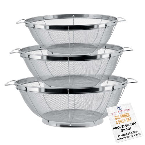 U.S. Kitchen Supply - 3 Piece Colander Set - Stainless Steel Mesh Strainer Net Baskets with Handles & Resting Base - 11" 5 Quart, 9.5" 4 Quart and 8.5" 3 Quart - Strain, Drain, Rinse, Steam or Cook