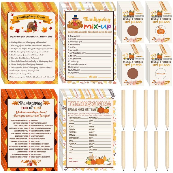 135 Pieces Thanksgiving Party Games Sets, 125 Funny Happy Holiday Party Games Paper Cards with 10 Editable Pencils Gifts for Thanksgiving Fall Harvest Family Party Game Supplies
