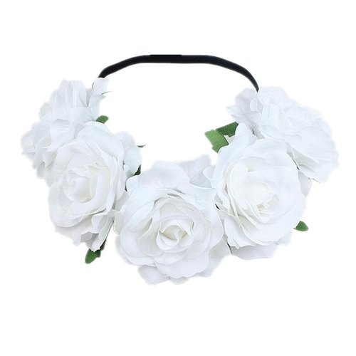 DDNFO Sunflowers Flower Crown Headbands For Women Girl Rose Floral Crown Headband Flower Wreath.(F128) (White)