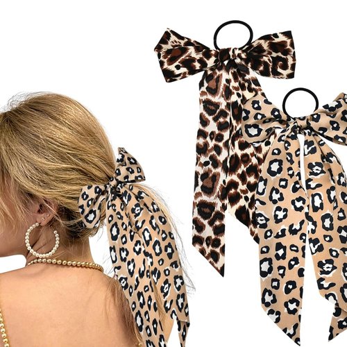 Long Leopard Hair Ties for Women Leopard Print Hair Bows for Teen Girls Tassel Bow Hair Ties for Women Girls Long Tail Bow for Hair Bow Tie 2 PCS Leopard Print Hair Accessories Set