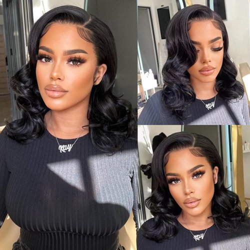 Glueless Short Wavy Wigs Human Hair Pre Plucked 13x4 Body Wave Lace Front Wigs Human Hair for Black Women Loose Wave Lace Frontal Bob Wig Brazilian Human Virgin Hair Wig 150% Density 16 Inch