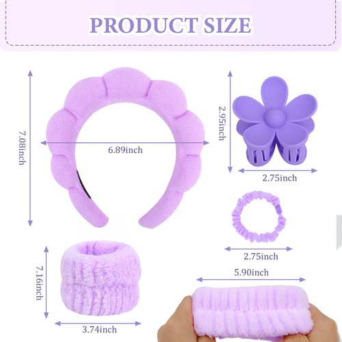 YISSION Purple Spa Headband & Wristband Set Skincare Headband & Wrist Bands for Washing Face Makeup Silk Hair Scrunchies Flower Hair Claw Clips Sponge Facial headband & wrist towels for Women Girls