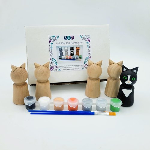 Ink and Trinket Kids DIY Cat Peg Doll Painting Kit, Craft Kit Includes 4 Peg Doll Animals with 6 Unique Cat Designs to Choose From, Gift for Cat Lovers, Boys, and Girls