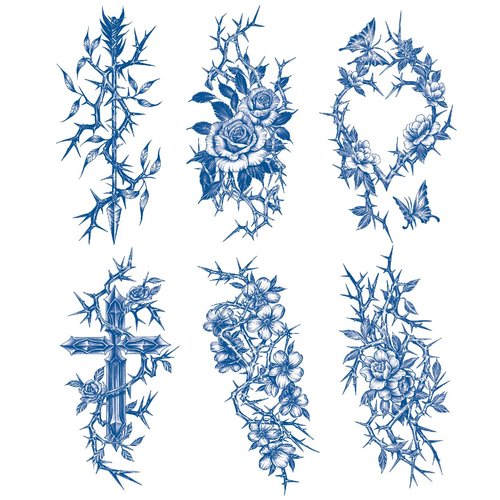 Semi Permanent Tattoos - Pack of 6, Waterproof Temporary Tattoos for Women - Fake Tattoos with Thorn, Flower, Butterfly, Cross Designs
