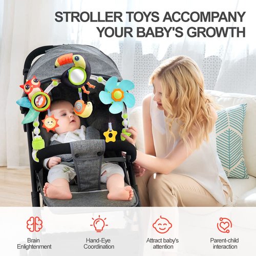 Koty Baby Stroller Arch Toy with Teether, Rattle, Crinkle Sound, Mirror & Music Box, Newborns Sensory Activity Carrier Take-Along Toy, Adjustable for Bouncers, Car Seat & Pram 0M+(Toucan)