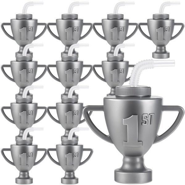 Amyhill 12 Pcs Race Car Trophy Cups With Straws and Lids 12 Oz Plastic Race Car Birthday Party Supplies And Favors For Kids Adults Props Rewards Winning Prizes Competitions (Silver)