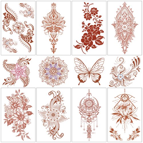 CUTELIILI Henna Temporary Tattoo, 12 Sheets Henna Fake Tattoo, Waterproof Brown Henna Tattoo Stickers for Women