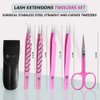 BeautyPros Lash Tweezers for Eyelash Extensions -Tweezer Set Straight & Curved Tweezers With Eyebrows Scissor - 3 Pieces Lash Extension Kit Stainless Steel (Pink)