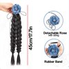 iRIIRIO 1pc Hair Braid Extension Ponytail with Jean Rose Flower Duel-Braid Black Hair Extension with Elastic Band for Girls (Black)