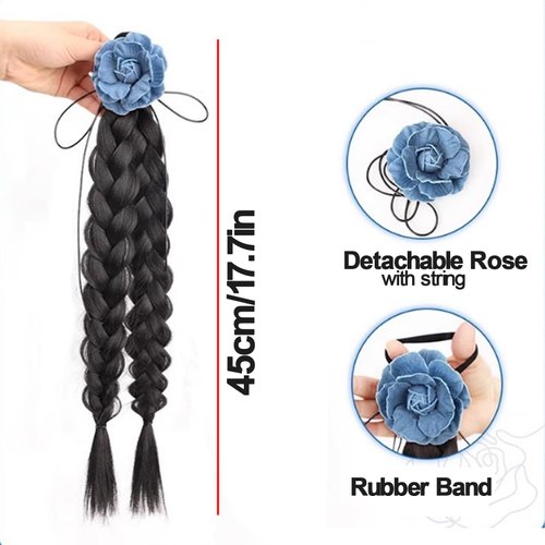 iRIIRIO 1pc Hair Braid Extension Ponytail with Jean Rose Flower Duel-Braid Black Hair Extension with Elastic Band for Girls (Black)