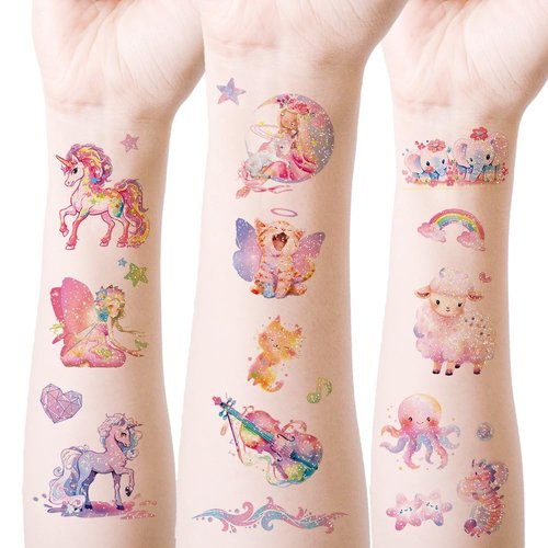 Oottati 14 Sheets Glitter Pink Cute Temporary Tattoos Giraffe Panda Rabbit Balloon Cat Heart Violin Butterfly Whale Star Suit for Kids Adults