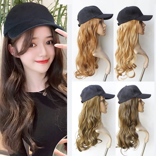 NOOFNO Baseball Cap with Hair Extensions for Women Adjustable Hat with Synthetic Wig Attached Long Wavy Hair Black Baseball Cap (20inch-Wavy-Golden Blonde)