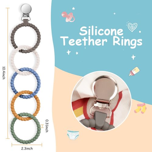 Ainiv Silicone Baby Teether Links, Cutie Baby Teething Toys with Pacifier Clip, Multi Use Baby Teether Rings, Food Grade Silicone Attachable Teether Chew for Newborn Infant Baby Gift, Color-7