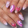 Foccna Butterfly Press on Nails Medium, Amlond Fake Nails Acrylic False Pink Nails,Artificial Nails for Women and Girls 24 pcs 