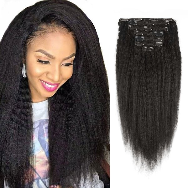 Sassina Italian Coarse Kinky Straight Clip in Human Hair Extensions Virgin Brazilian Thick Hair 120Grams 7 Pieces With 17 Clips Per Set For Full Head, KS 22 Inch