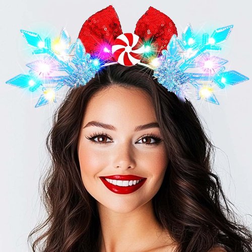 BARTOSI Light Up Christmas Headbands LED Bow Headband Xmas Snowflake Hair Band Holiday Hair Accessories for Women
