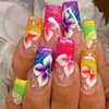 ANDGING Coffin Press on Nails Medium Long Colorful Neon Fake Nails with Glitter Gold Red Floral Design Acrylic Glue on Nails for Wedding Birthday False Nails 24Pcs Women Stick on Nail with Glue QL8IP