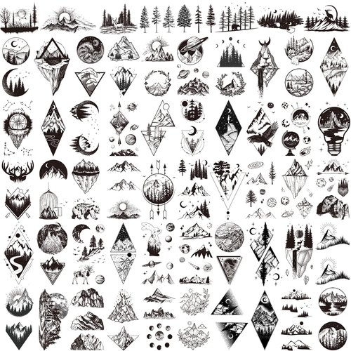 Hotoyannia 62 Sheets Mountain Temporary Tattoos Stickers, Including Fake Tattoos Waterproof Black Geometry Sun Star Moon Tree Triangle Sea Wave Semi Permanent Tattoos for Adult and Kids
