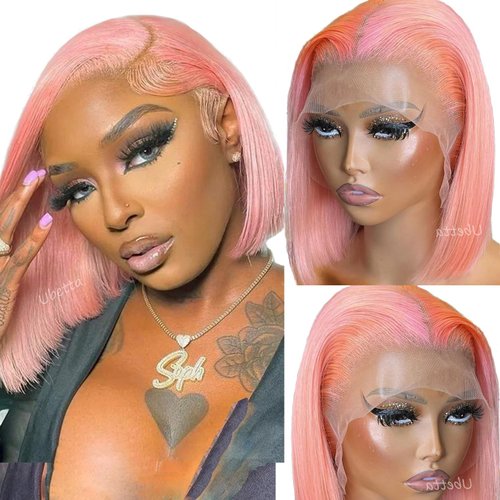 Bob Wig Human Hair Pink 13x4 Lace Front Wigs Human Hair, 180 Density Glueless Wigs Human Hair Pre Plucked Pre Cut 12 Inch Short Bob Wig Brazilian Virgin Human Hair Lace Front Wigs for Black Women