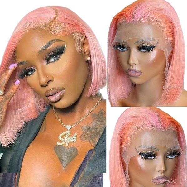 Bob Wig Human Hair Pink 13x4 Lace Front Wigs Human Hair, 180 Density Glueless Wigs Human Hair Pre Plucked Pre Cut 12 Inch Short Bob Wig Brazilian Virgin Human Hair Lace Front Wigs for Black Women