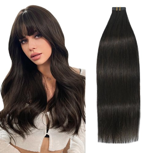 Dark Brown Tape in Hair Extensions Real Human Hair 14 Inch 30g, Seamless Skin Weft Long Straight Highlight Silky Straight 20pcs Brown Tape ins