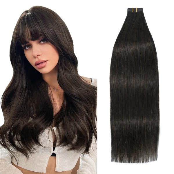 Dark Brown Tape in Hair Extensions Real Human Hair 14 Inch 30g, Seamless Skin Weft Long Straight Highlight Silky Straight 20pcs Brown Tape ins