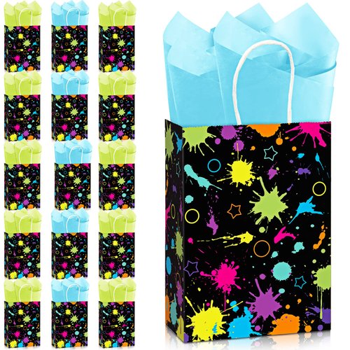 16 Pcs Glow Party Bags with Tissue Paper Neon Party Gift Bags Neon Birthday Party Supplies Glow in The Dark Favor Bags Neon Glow Party Goodie Candy Bags for Neon Party Decorations