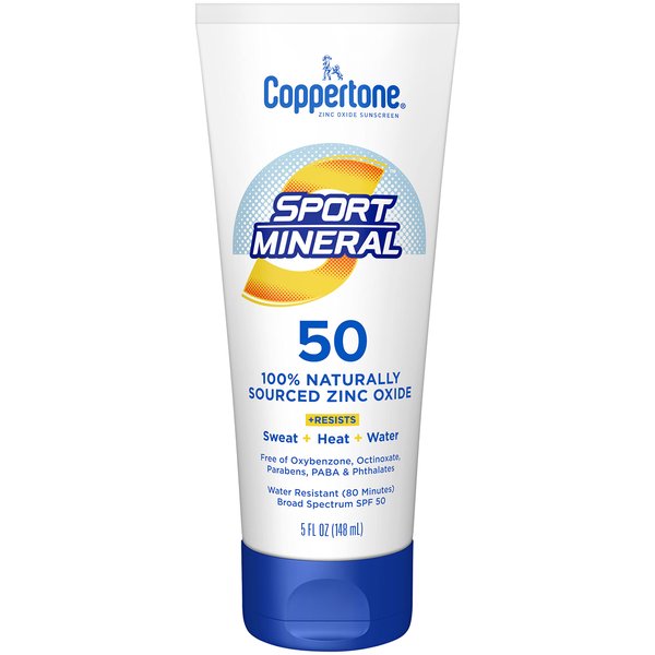 Coppertone SPORT Sunscreen Lotion SPF 50, Zinc Oxide Mineral Sunscreen, Water Resistant Body Sunscreen SPF 50, 5 Fl Oz Tube