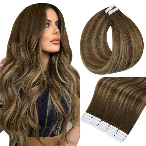Full Shine Tape in Hair Extensions Human Hair 18 Inch Tape in Brown Hair Extensions Color 4/24/4 50 Gram 20 Pcs Balayage Tape in Extensions invisible Tape in Human Hair Extensions Remy Human Hair