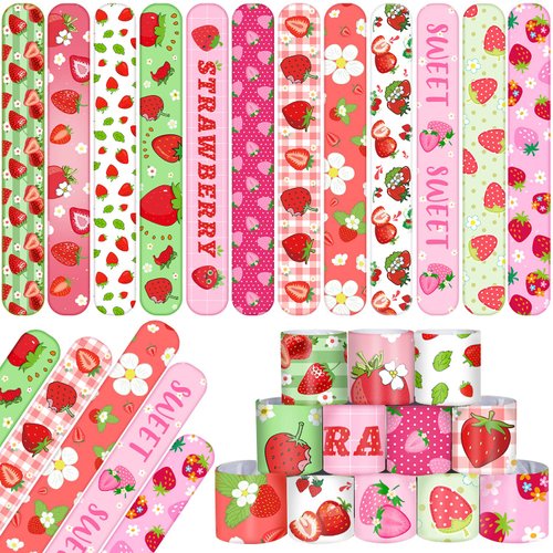 YYMYMGJ 48PCS Strawberry Party Favors Slap Bracelets Berry First Birthday Party Supplies Decorati...