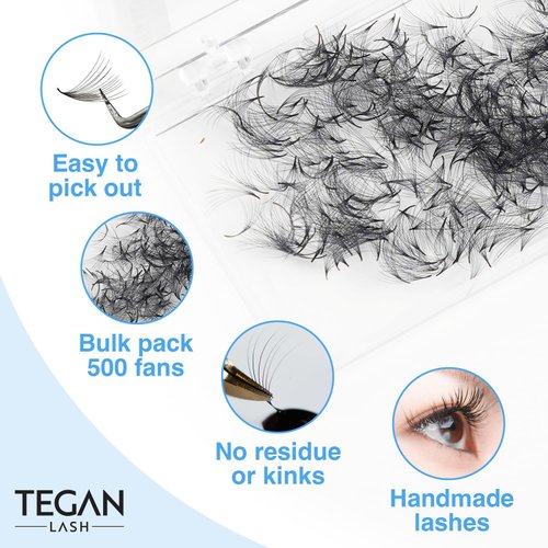 TEGAN LASH 500 Promade Fans Volume Eyelash Extensions, Handmade Loose False Eyelashes, From 3D - 16D, 0.03/0.05/0.07 Thickness, C/CC/D Curl, 9-15mm Length, Pestanas Pelo A Pelo (12D-0.03-C-12)
