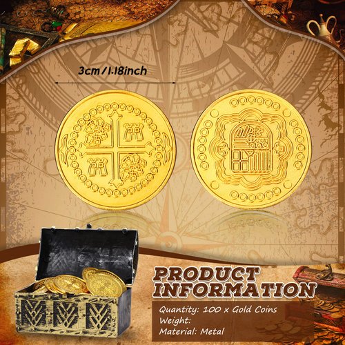 Hanaive 100 Pcs Metal Pirate Coins Pirate Gold Coins Treasure Chest Spanish Doubloon Fake Coins Tokens for Kids Board Games Pirate Party Cosplay (Round)