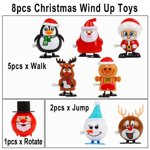 SULOLI Christmas Wind Up Toys, 8 PCS Xmas Gift Stocking Stuffers Goody Bag Fillers for Kids Party Favors