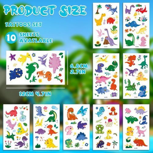 10 Sheets Dinosaur Temporary Tattoos,Fake Tattoo Stickers for Boys and Girls Party Favors Supplies,Dinosaur Animals Tattoos for Kids Birthday Party Supplies