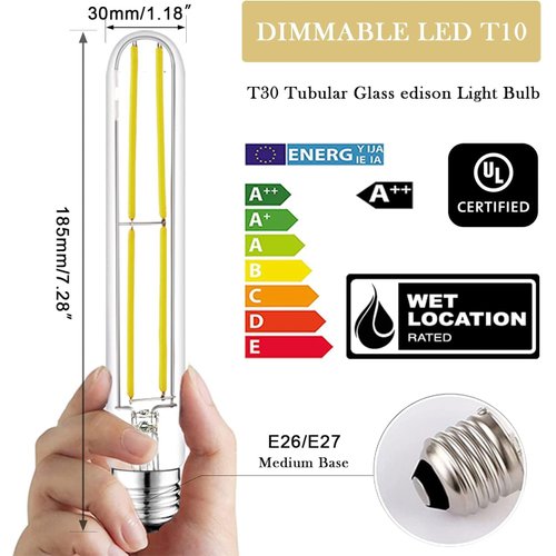 NOVELUX 7.3 Inch Edison Bulb,4000k Neutral White E26 Led Bulb 60 Watt Dimmable,6W T10 Bulb Clear Glass Long Tubular Light Bulbs,T9 Bulbs for Bathroom Vanity Light,Wall Sconces,Pendant(4 Pack)