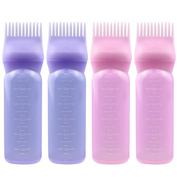 ELANE 4PCS Hair Oiler Comb Bottle,Root Comb Applicator Bottle for Hair Oil Scalp Oil Applicator Hair Oiling Applicator,Hair Oil Bottle Applicator 6oz (2Pink+2Purple)