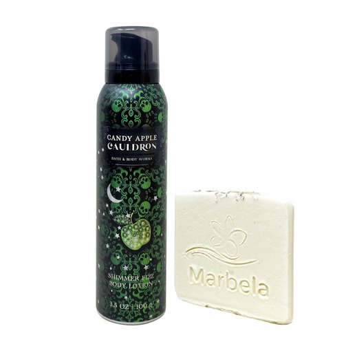 Bath & Body Works Candy Apple Cauldron Shimmer Fizz Body Lotion with a Natural Oats Sample Soap