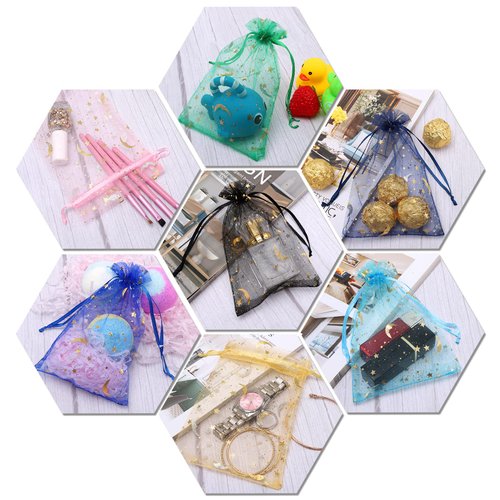 WenTao 100PCS Moon Star Sheer Organza Bags, Mixed Color Wedding Favor Bags with Drawstring, 4X6 Jewelry Gift Bags for Party, Jewelry, Christmas, Festival, Makeup Organza Favor Bags