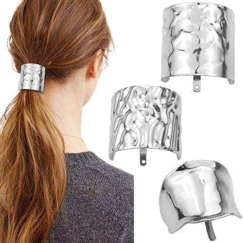 3 Pcs Metal Hair Cuffs with Decorative Rings - Lava High Buckle Ponytail Holders, Hair Clips for Long Hair, Hair Accessories for Women (Silver)