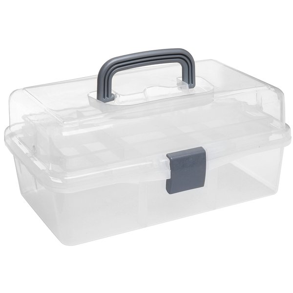 MyGift 13 Inch Transparent Plastic Empty Multipurpose Storage Box with Gray Handle, Latching Lid and 2 Expandable Trays for Tools, First Aid, Sewing Kit, Arts Crafts Supplies