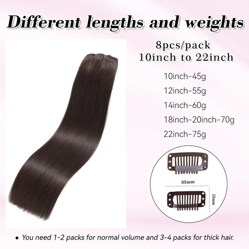 Real Hair Extensions Human Hair Double Weft Handmade Straight Soft Hair 100% Remy Virgin Human Hair 8pcs 65/pack Hair Dark Brown Straight Human Hair Clip In Hair Extensions 16inch