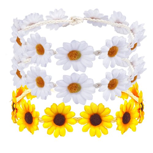 Bnikion 3 Pcs Sunflower Headband Crown Headpiece Daisy Headbands for Women Girl 60s Hippie Boho Hat Accessories Bridal Wedding Summer Beach Party Hair Wreath Garland