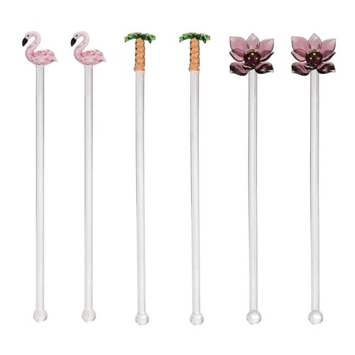 Beachcombers Flamingo Palm Tree Lotus Flower Set Of 6 Reusable Glass Drink Stirs Tropical Cocktail Bar Beach Party Swizzle Sticks Pink