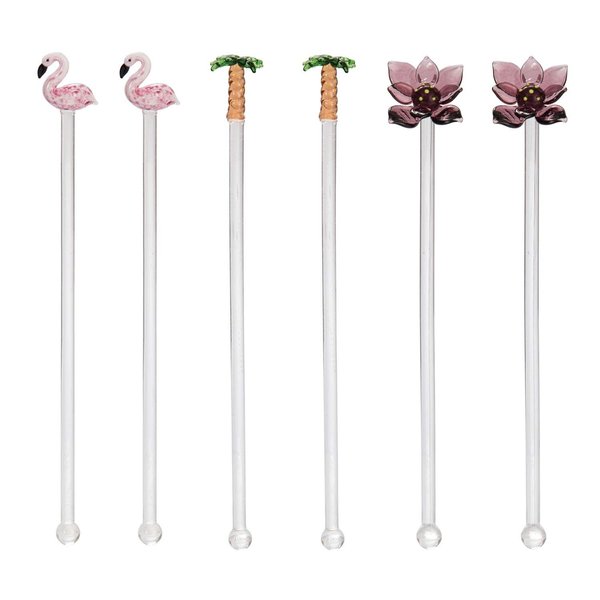 Beachcombers Flamingo Palm Tree Lotus Flower Set Of 6 Reusable Glass Drink Stirs Tropical Cocktail Bar Beach Party Swizzle Sticks Pink