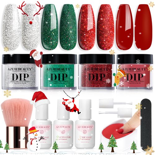AZUREBEAUTY Christmas Dip Powder Nail Kit Green Red Glitter Silver 12 Pcs Acrylic Dip Powder Liquid Set with Base/Top Coat Activator for French Nail Art Manicure Home Holiday Gifts Set