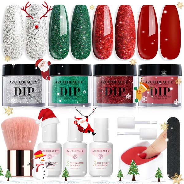 AZUREBEAUTY Christmas Dip Powder Nail Kit Green Red Glitter Silver 12 Pcs Acrylic Dip Powder Liquid Set with Base/Top Coat Activator for French Nail Art Manicure Home Holiday Gifts Set