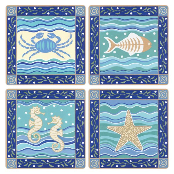 CoasterStone Absorbent Coasters, 4-1/4-Inch, "Coastal Icons", Set of 4