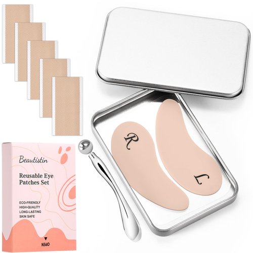 Beautistin Under Eye Patches Silicone - Reusable Eye Patches + Silicone Fixing Tape Cuttable, Eye Wrinkle Patches, Reusable Eye Mask, Plump Fine Lines & Wrinkles, Eye Cream Applicator + Tin Case